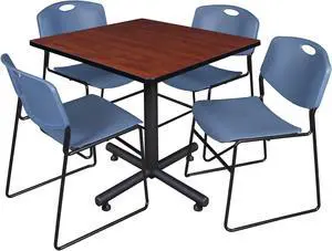 Regency Kobe 42 in. Square X-Base Breakroom Table- Cherry, 4 Zeng Stack Chairs- Blue