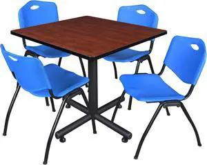 Regency Kobe 42 in. Square X-Base Breakroom Table- Cherry, 4 M Stack Chairs- Blue
