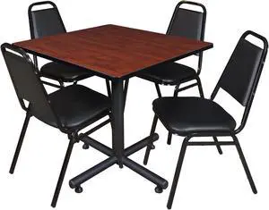 Regency Kobe 42 in. Square X-Base Breakroom Table- Cherry, 4 Restaurant Stack Chairs- Black