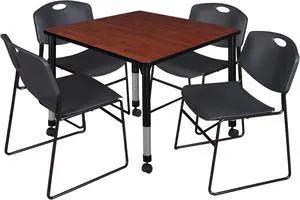 Regency Kee 42 in. Square Mobile Adjustable Classroom Table- Cherry & 4 Zeng Stack Chairs- Black