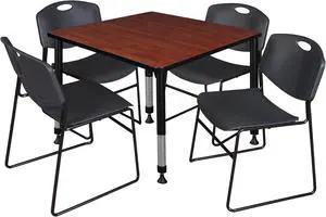 Regency Kee 42 in. Square Adjustable Classroom Table- Cherry & 4 Zeng Stack Chairs- Black