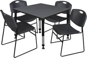 Regency Kee 42 in. Square Adjustable Classroom Table- Grey & 4 Zeng Stack Chairs- Black