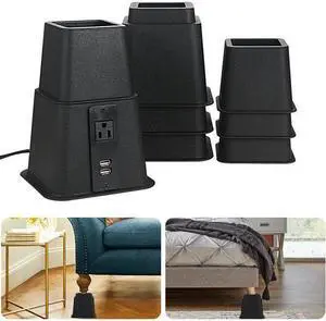 Butizone Bed Risers with Power Outlet and USB Ports, Adjustable Heavy Duty Furniture Riser Bed Lifts for Bed, Sofa and Table Set of 4, Black