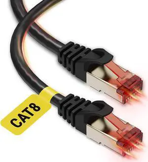 Cat 8 Ethernet Cable 10ft - High Speed Cat8 Internet WiFi Cable 40 Gbps 2000 Mhz - RJ45 Connector with Gold Plated, Weatherproof LAN Patch Cord Cable for Router, Gaming, PC - Black - 10 feet