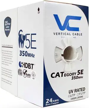 Vertical Cable Cat5e, 350 Mhz, UTP, UV Jacket, Outdoor, CMX, 1000ft, Bulk Ethernet Cable, White