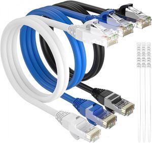 Cat 6 Ethernet Cable 2 Ft-3 Pack,High Speed Short Patch Cables Internet Cables, Soft Flexible Cat6 RJ45 LAN Network Cable Cord Faster Than Cat 5e 5 Cable+15 Ties-Black+White+Blue