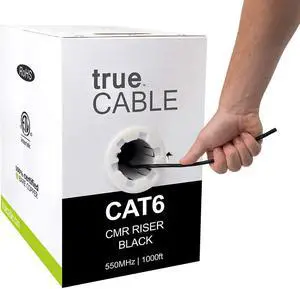 trueCABLE Cat6 Riser (CMR), 1000ft, Black, 23AWG 4 Pair Solid Bare Copper, 550MHz, PoE++ (4PPoE), ETL Listed, Unshielded Twisted Pair (UTP), Bulk Ethernet Cable