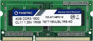 Timetec 4GB DDR3L / DDR3 1600MHz PC3L-12800 / PC3-12800 Non-ECC Unbuffered 1.35V / 1.5V CL11 1Rx8 Single Rank 204 Pin SODIMM Laptop Notebook PC Computer Memory RAM Module Upgrade (4GB)