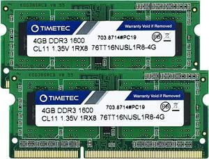 Timetec 8GB KIT(2x4GB) DDR3L / DDR3 1600MHz PC3L-12800 / PC3-12800 Non-ECC Unbuffered 1.35V / 1.5V CL11 1Rx8 Single Rank 204 Pin SODIMM Laptop Notebook PC Computer Memory RAM Module Upgrade
