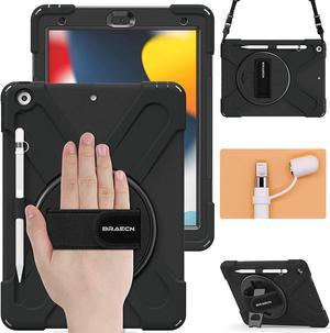 iPad 9th/8th/7th Generation Case,Heavy Duty Shockproof Case with Screen Protector, Pencil Holder, Pencil Cap Holder, Hand Strap, Kickstand,Shoulder Strap for iPad 10.2 Inch 2021/2020/2019-Black