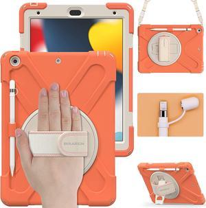 Kids Case for iPad 9th/8th/7th Generation 10.2\u201d2021/2020/2019, Heavy Duty Shockproof Case with Screen Protector,Pencil Holder,Pencil Cap Holder,Hand Strap,Kickstand,Shoulder Strap-Coral Orange