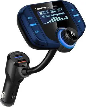 Upgraded Bluetooth FM Transmitter, Wireless Radio Adapter Hands Free Car Kit with 1.7'' Display, QC3.0 and Smart 2.4Amp Dual USB Ports, AUX Input/Output, TF Card Mp3 Player (Normal, Blue)