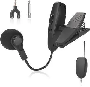 Wireless Instrument Microphone,UHF Clip Condenser Mic,for Horns,Trumpets,Clarinets, Saxophones, Cello, Computer, Phone, Speakers, Voice Amplifier 131ft Range, 1/8 and 1/4'' Port