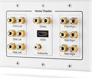 Good Product Outlet HD8006 3-Gang 7.1 Surround Distribution Home Theater Gold Plated Copper Banana Binding Post Coupler Type Wall Plate for 7 Speakers, 1 RCA Jack for Subwoofer & 1 HDMI Port
