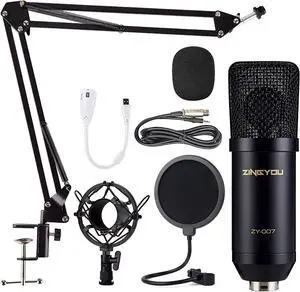 Condenser Microphone Computer Mic Kit ZY-007 Professional Studio Recording Bundle for Streaming Gaming Broadcasting Singing Videos with Arm Stand Shock Mount Pop Filter and Sound Adapter