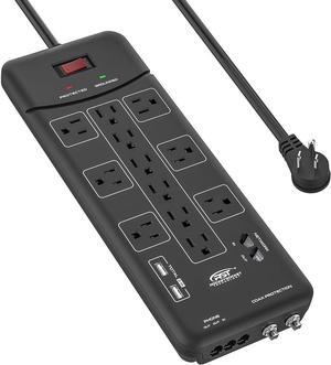 12-Outlet Surge Protector Power Strip 4050Joules, with USB(3.1A) Ethernet, Cable,Telephone and TV Coaxial Protection, Flat Plug 10-FT Long Cord (Black)