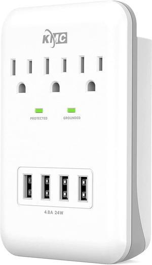 KMC 3-Outlet Wall Mount Surge Protector, 900 Joules, 4 USB 4.8 AMP USB Charging Ports, Phone Holder Cradle for Home, School or Office, ETL Certified
