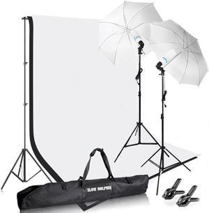 SLOW DOLPHIN Photography Photo Video Studio Background Stand Support Kit with Muslin Backdrop Kits (White Black),1050W 5500K Daylight Umbrella Lighting Kit
