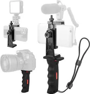 Vlogging Holder Cell Phone Camera Handle Grip Stabilizer Ergonomic Phone Video Stabilizer Handheld Selfie Stick Smartphone Holder with Cold Shoe Mount for Mic/Flash Light Wrist Strap