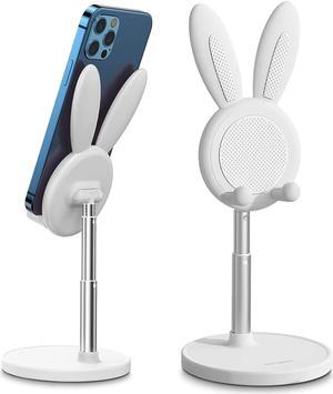 OATSBASF Cute Cell Phone Stand, Adjustable Bunny Phone Stand for Desk, Thick Case Friendly Holder Compatible with iPhone, Kindle, iPad, Switch, All Phones (White)