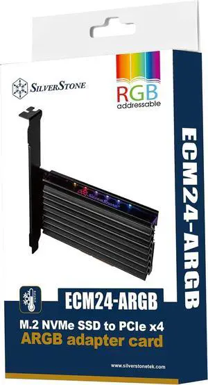 SilverStone Technology ECM24-ARGB M.2 NVMe SSD NGFF M Key to PCIe x4 ARGB Adapter Card with heatsink and Thermal pad SilverStone Technology ECM24-ARGB M.2 NVMe SSD NGFF M Key to PCIe x4 ARGB Adapter Card with heatsink and Thermal pad