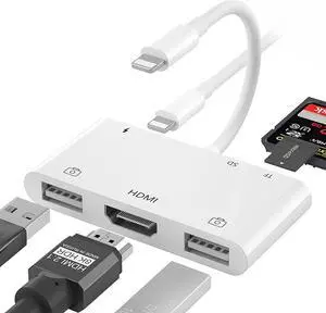 Lightning to HDMI Adapter for iPhone 6 in 1 TF & SD Card Reader with Charging Port HDMI Adapter to TV /Monitor/Projector/USB Drive/MIDI /Keyboard/Mouse Suitable for Meeting Speech and Teaching