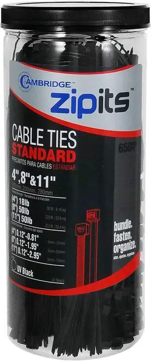 ZipIts 650 Pieces Cable Tie Assortment 4-in 8-in and 11-in Black UV Resistant Nylon 6/6 UL Listed Contractor Grade Quality Wire Ties