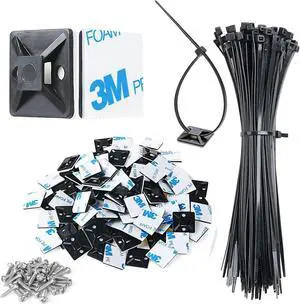 3/4 Strong Back-Glue Self Adhesive Black Cable Zip Tie Mounts 100pcs with 8 Zip Ties Screws UV Protection Outdoor Sticky Wire Fasteners Cable Clips Management Anchors Organizer Holders Squares