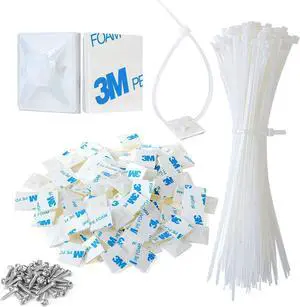 3/4  Strong White Cable Zip Tie Mounts 100 Pcs with 8  Zip Ties and Screws, Outdoor Sticky Cable Clips Self Adhesive Wire Cable Clips Management Anchors Organizer Holders Squares100 PCS