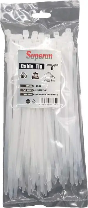 Heavy Duty Zip Ties 8 Inch 50 Lbs Tensile Strength Selflocking Wire Ties (Industrial Grade Cable Ties) Pack of 100 White