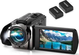 Video Camera Camcorder Digital Camera Recorder Full HD 1080P 15FPS 24MP 3.0 Inch 270 Degree Rotation LCD 16X Digital Zoom Camcorder Camera with 2 Batteries(Black)