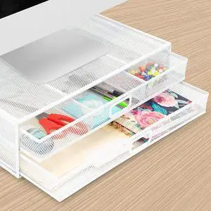 MOUNT-IT! Mesh Computer Monitor Stand Riser [Metal] Desk Organizer with Two Pullout Storage Drawers for Desktop Laptop and Printer Accessories and Office Supplies (White)