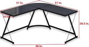 SHW Gaming Desk Computer L-Shape Corner Studio Table, Black, Glass Top