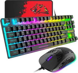 Gaming Keyboard and Mouse Combo,88 Keys Compact Rainbow Backlit Mechanical Feel Keyboard,RGB Backlit 6400 DPI Lightweight Gaming Mouse with Honeycomb Shell for Windows PC Gamers (Black)