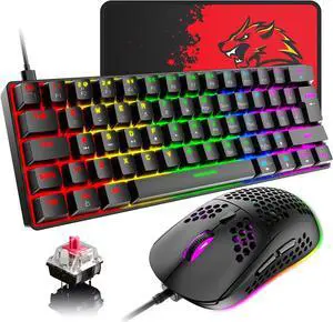 60% Wired Mechanical Gaming Keyboard and Mouse Combo,Ultra-Compact Mini 62 Keys,Type C Chroma 20 Rainbow Backlit Effects,RGB Backlit 6400 DPI Lightweight Gaming Mouse with Honeycomb Shell for PC/Mac