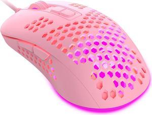 Lightweight Gaming Mouse Wired,USB Optical Computer Mice with RGB Backlit,4 Adjustable DPI Up to 2400,Ergonomic Gamer Laptop PC Mouse with Honeycomb Shell for Windows 7/8/10/XP Vista Linux -Pink