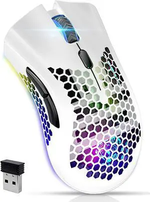 Wireless Gaming Mouse C8 Silent Click Wireless Rechargeable Mouse with Colorful LED Lights and 3 Level DPI 400mah Lithium Battery for Laptop and Computer (White)