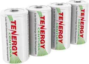 Tenergy Centura 1.2V NiMH Rechargeable D Battery, 8000mAh Low Self Discharge D Cell Batteries, Pre-Charged D Size Battery, 4 Pack, UL Certified