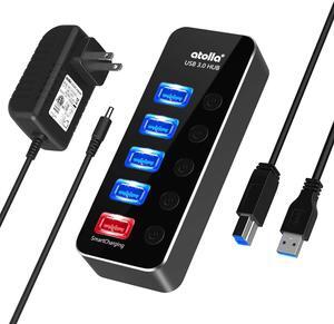 Powered USB Hub,  Aluminum 5-Port USB 3.0 Hub with 4 USB 3.0 Data Ports and 1 USB Smart Charging Port, USB Splitter with 5V/3A Power Adapter and Individual Switches