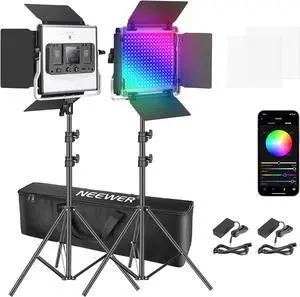 2 Packs 480 RGB Led Light with APP Control, Photography Video Lighting Kit with Stands and Bag, 480 SMD LEDs CRI95/3200K-5600K/Brightness 0-100%/0-360 Adjustable Colors/9 Applicable Scenes