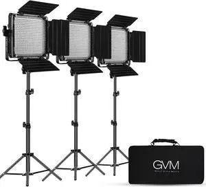 GVM 3 Pack LED Video Lighting Kits with APP Control, Bi-Color Variable 2300K~6800K with Digital Display Brightness of 10~100% for Video Photography, CRI97+ TLCI97 Led Video Light Panel +Barndoor