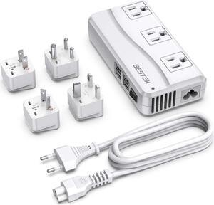 BESTEK Universal Travel Adapter 100-220V to 110V Voltage Converter 250W with 6A 4-Port USB Charging 3 AC Sockets and EU/UK/AU/US/India Worldwide Plug Adapter (White)