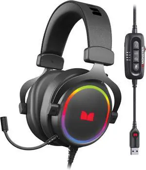 Monster Alpha 7.1 RGB Illuminated Gaming Headset with 7.1 Surround Sound, Noise-Cancelling Detachable Mic, Cushioned Earcups  for PC Gaming, Black