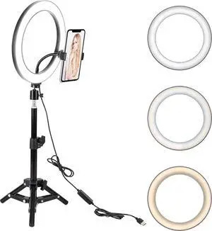 10 LED Selfie Ring Light with Tripod Stand & Cell Phone Holder for Tiktok/Live Stream/Makeup Dimmable Desktop Camera Ringlight for YouTube Video/Photography Compatible with iPhone/Android