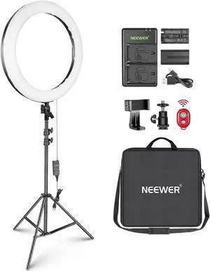 20-inch LED Ring Light Kit for Makeup YouTube Video Blogger Salon - Adjustable Color Temperature with Battery or DC Power Option, Battery, Charger, AC Adapter, Phone Clamp and Stand Included