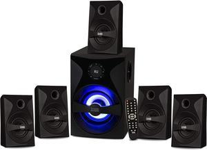 Goldwood Bluetooth 5.1 Surround Sound Home Theater Speaker System with LED Display, FM Tuner, USB/SD Inputs - 6-Piece Set with Remote Control, Black