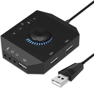 USB Hub with Audio Adapter, Tendak External Sound Card with 3.5mm Headphone Microphone Jack and Volume Control 3 Port USB Hub for Laptop PC HDD Disk