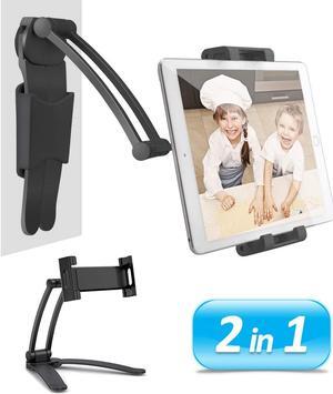 Kitchen Cabinet Tablet Holder 2 in 1 Wall Mount Desktop Stand for ipad 12.9 Aluminum Alloy Metal Adjustable Multiangle Foldable Universal Phone Tablet Bracket Cooking Table Counter Top (Black)