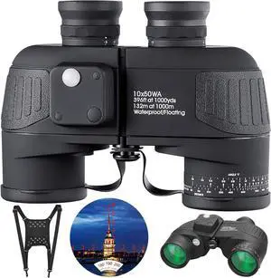 10x50 Marine Binoculars with Rangefinder for Adults - IPX7 Waterproof BAK4 Prism FMC Lens Binoculars with Compass and Shoulder Harness Strap for Navigation Hunting Bird Watching
