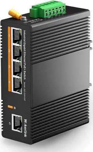 MokerLink 5 Port PoE Gigabit Industrial DIN-Rail Ethernet Switch, 14Gbps Switching Capacity, IP40 Rated Network Switch (-40 to 185°F), with UL Power Supply